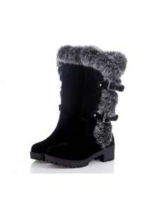 女士时尚高筒靴，粗跟，圆头，套脚，金属扣，毛领，保暖，百搭，舒适，平底雪地靴，秋冬