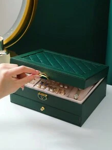 1pc Multifunctional Plaid Princess Cosmetic & Jewelry Box With Lock, Drawer, And Leather Surface For Storing Bracelets, Earrings, Necklaces And Other Accessories Back To School, Room Decor - One Size - View 10