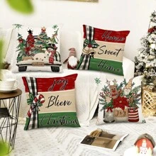 4 件枕套套装沙发装饰印花靠垫套冬季假日沙发装饰（圣诞快乐、圣诞树、汽车）单面无枕芯圣诞节圣诞装饰圣诞装饰品圣诞装饰 - 紅白綠色 - 查看 5