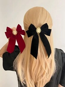 1 件女士复古优雅黑天鹅绒蝴蝶结装饰珍珠弹簧发夹，适合日常使用和礼物 - 黑色 - 查看 4