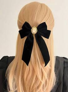1 件女士复古优雅黑天鹅绒蝴蝶结装饰珍珠弹簧发夹，适合日常使用和礼物 - 黑色 - 查看 1