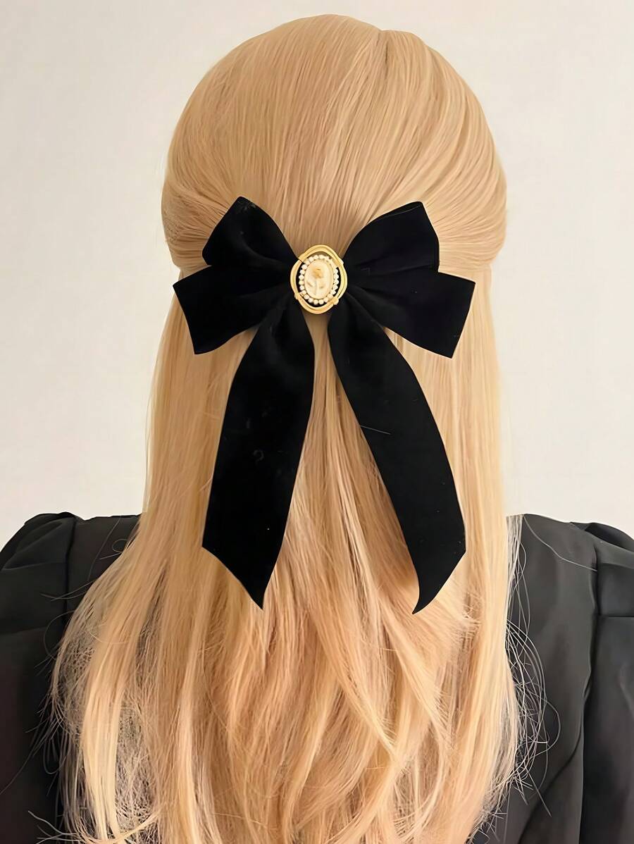 1 件女士复古优雅黑天鹅绒蝴蝶结装饰珍珠弹簧发夹，适合日常使用和礼物 - 黑色 - 查看 1