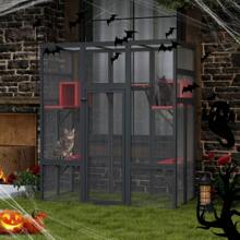 Catio de madera espacioso de 70 pulgadas para gatos al aire libre con perchas y condominios, jaula para gatos interior con techo impermeable, 7 plataformas y 2 cajas de descanso, resistente a rayos UV (gris/naranja/gótico) - Multicolor - Ver 10