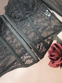 1 件刺绣网眼透明性感蕾丝边露肩衬衫，可作为外套或分层上衣穿着 - 黑色 - 查看 8