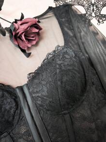 1 件刺绣网眼透明性感蕾丝边露肩衬衫，可作为外套或分层上衣穿着 - 黑色 - 查看 7