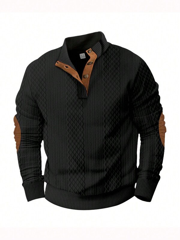 Men's Color Block Splicing Stand Collar Long Sleeve Polo Shirt, For Fall