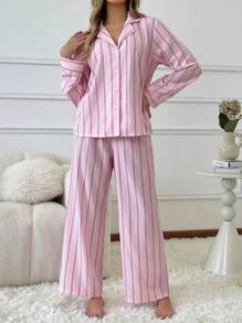Nina Bonheur 2pcs Women Loose Comfortable Breathable Striped Long Sleeve Top & Pants Lounge Set, Cozy Outfit, Fall Winter Clothes