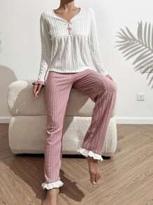 2pcs Women Pajama Set, Long Sleeve Top & Long Pants, Waffle Knit Fabric Striped, Comfortable Casual Loungewear