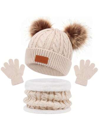 3pcs Kids Warm Cable Knit Hat, Scarf And Gloves Set, Suitable For 3-8Y Boys & Girls Daily Use