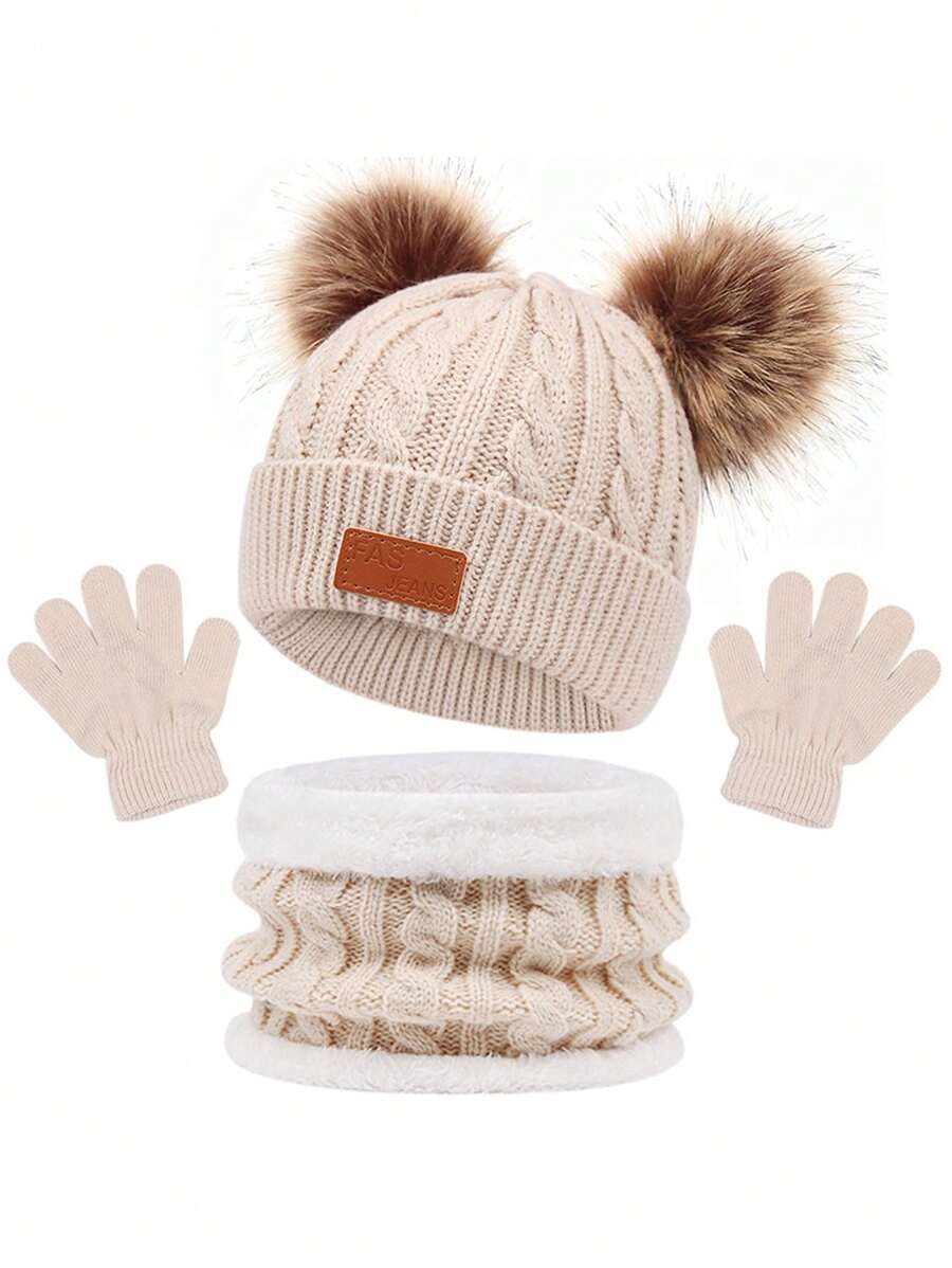 3pcs Kids Warm Cable Knit Hat, Scarf And Gloves Set, Suitable For 3-8Y Boys & Girls Daily Use
