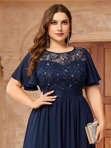 亮片蕾丝紧身胸衣搭配撞色雪纺蝴蝶袖连衣裙，正式礼服，秋季连衣裙，婚礼宾客礼服，生日礼服，正式活动礼服，庆典礼服 - 藏蓝色 - 查看 8