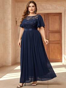 亮片蕾丝紧身胸衣搭配撞色雪纺蝴蝶袖连衣裙，正式礼服，秋季连衣裙，婚礼宾客礼服，生日礼服，正式活动礼服，庆典礼服 - 藏蓝色 - 查看 7