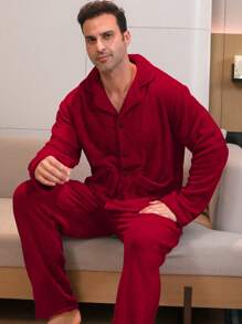 Men's Two Pieces Sets Flannel Collar Wrapped Long Sleeved Top And Pants Sleepwear Set For Winter Wear