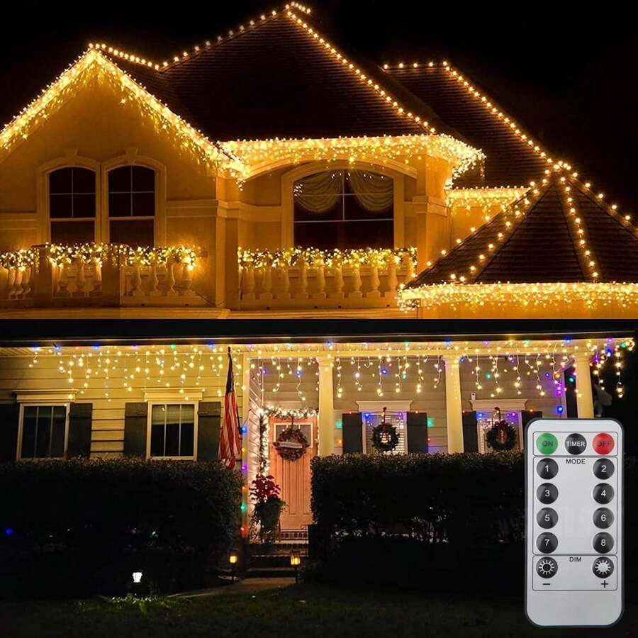 Đèn Giáng sinh Icicle dùng nguồn USB - 96 đèn rèm LED với 19 giọt Icicle, 4M/13ft, Đèn dây trong nhà ngoài trời bằng nhựa ABS với 8 chế độ chiếu sáng, Điều khiển từ xa cho phòng ngủ, hiên nhà, cây thông, nhà và đồ trang trí Giáng sinh, trang trí phòng, trang trí Giáng sinh, đèn Giáng sinh, trang trí phòng ngủ, trang trí nhà, trang trí tiệc, lễ hội ngày lễ, quà tặng Giáng sinh, lễ Tạ ơn, đồ trang trí cây thông Noel - Đèn thanh băng điều khiển từ xa USB - Xem 1
