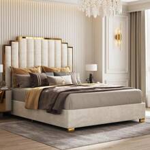 Merluxy King Size Upholstered Bed, Modern Velvet Bed Frame With 65.4" Tall Gold Trim Headboard, No Box Spring Needed, Beige - 米色 - 查看 2