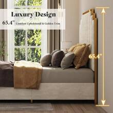 Merluxy King Size Upholstered Bed, Modern Velvet Bed Frame With 65.4" Tall Gold Trim Headboard, No Box Spring Needed, Beige - 米色 - 查看 7