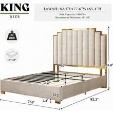 Merluxy King Size Upholstered Bed, Modern Velvet Bed Frame With 65.4" Tall Gold Trim Headboard, No Box Spring Needed, Beige - 米色 - 查看 6