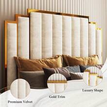 Merluxy King Size Upholstered Bed, Modern Velvet Bed Frame With 65.4" Tall Gold Trim Headboard, No Box Spring Needed, Beige - 米色 - 查看 3