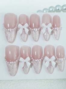 10 件纯手工制作中号杏仁形按压指甲，简约风格指甲，白色指甲法式尖头指甲，立体仿珍珠蝴蝶结指甲装饰，仿珍珠母螺纹指甲胶，凝胶指甲套装，春季指甲，夏季指甲，适合所有场合和衣服使用的假指甲，美甲，2025 新款指甲，指甲按压，欧美指甲，现代日本指甲美甲用品指甲 - Follow Your Heart - 查看 20