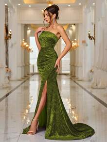 Váy Maxi hở lưng cổ bất đối xứng nhung mới cho mùa xuân/hè kèm đuôi váy - Màu xanh Ô liu - Xem 4