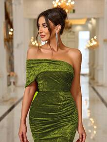 Váy Maxi hở lưng cổ bất đối xứng nhung mới cho mùa xuân/hè kèm đuôi váy - Màu xanh Ô liu - Xem 6