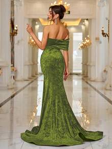 Váy Maxi hở lưng cổ bất đối xứng nhung mới cho mùa xuân/hè kèm đuôi váy - Màu xanh Ô liu - Xem 3