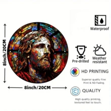 1件独特的耶稣花环标志平面印刷品，耶稣简约金属锡牌，精美的耶稣装饰彩色玻璃壁挂，适用于家居、房间、咖啡馆、卧室、酒吧、客厅墙面装饰礼品，圆形艺术美学，基督教节日礼物（8英寸x8英寸/20厘米x20厘米） - 孔位随机，可能在顶部、底部、左侧或右侧 - 彩色 - 查看 5