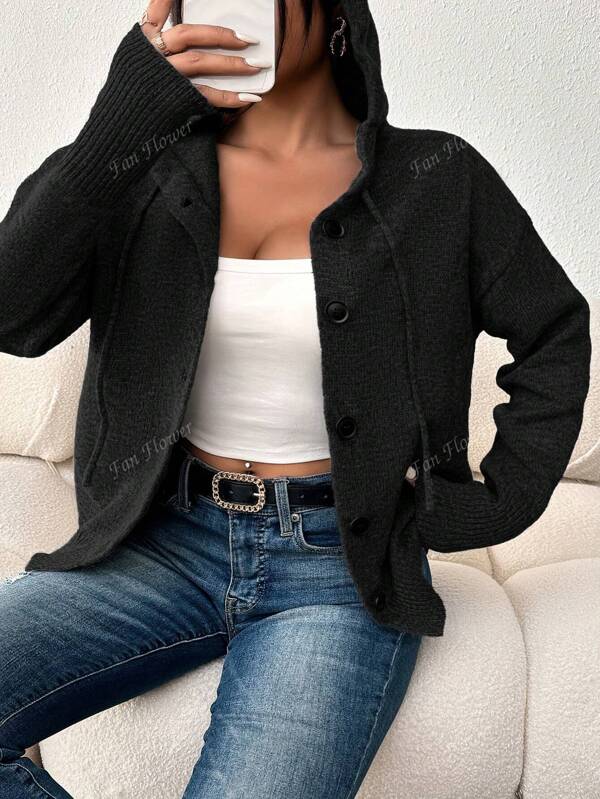 Cárdigan asimétrico casual y ligero con capucha, botones y cordón ajustable, de manga larga, para mujer de talla grande, para otoño e invierno