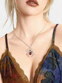 Gothic Style Rhinestone Spider Pendant Necklace For Women, Stainless Steel Chain, Y2K Aesthetics - Red - View 2