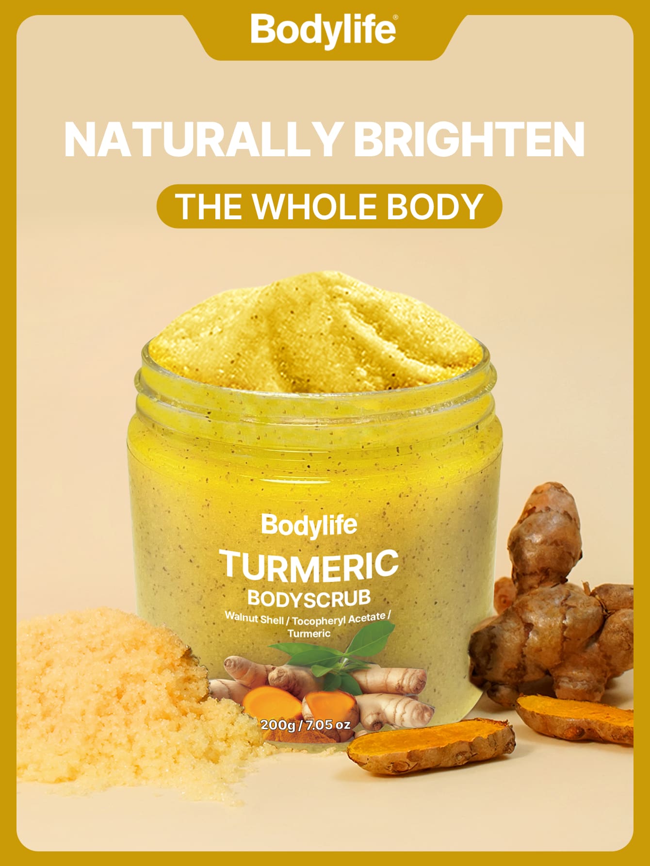 1pc Turmeric Body Scrub, 200g, Exfoliating And Brightening, Natural Glow Enhancer, Deep Cleansing, Anti-Acne And Soothing, Hydrating Body Care For Soft And Radiant Skin