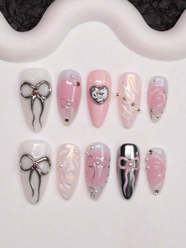 10pcs/Set Handmade Almond Shaped Y2K Edgy False Nails Metal Bow, Heart, Pearl & Rhinestone Decor, Pink/White/Silver Color, Suitable For Parties, Weddings, Daily Wear. Includes Nail Tools, Great Gift For Women & Girls. Press On Nails