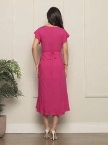 ANLE MODAS-Long Wrap Dress With Tie At The Waist - 玫紅色 - 查看 5