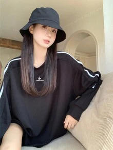 Casual Style Oversized Crew Neck Long Sleeve Sweatshirt,Long Sleeve Tops - Black - View 6
