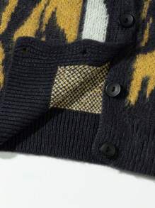 ANDREILEE 男女街头时尚休闲V领长袖不规则图案复古宽松针织开衫毛衣，适合春、秋、冬三季穿着。 - 黑色 - 查看 5