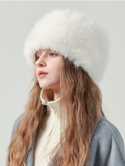 1pc Women's Solid Color Thick Warm Fleece Bucket Hat, Polyester Material Soft And Windproof Winter Cap For Outdoor Wear