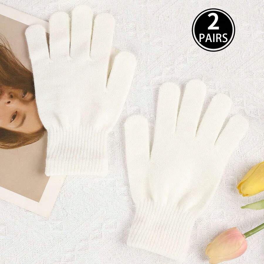 2 双白色针织手套，男女通用户外骑行保暖手套 - 白色2雙 - 查看 1