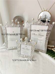 1pc Faux Faux Pearl Decor Photo Frame & 1pc Random Inner Paper, Gorgeous Plastic Picture Display Frame, For Home Decor - Silver - View 5
