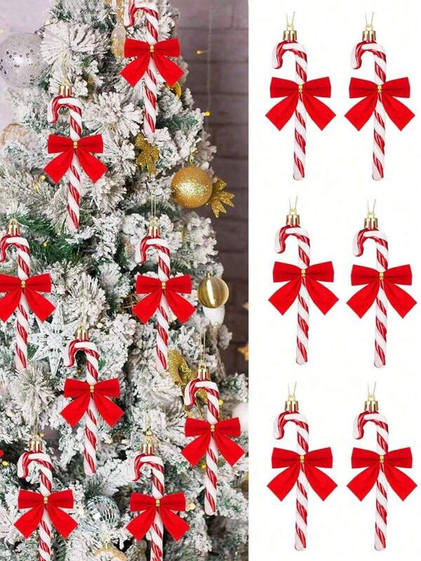 12pcs/Set Candy Cane, Bowknot Christmas Tree Decor Set, Christmas Tree Hanging Ornaments, Festive Atmosphere Decoration, Suitable For Holiday, Party, Christmas Decoration,Christmas