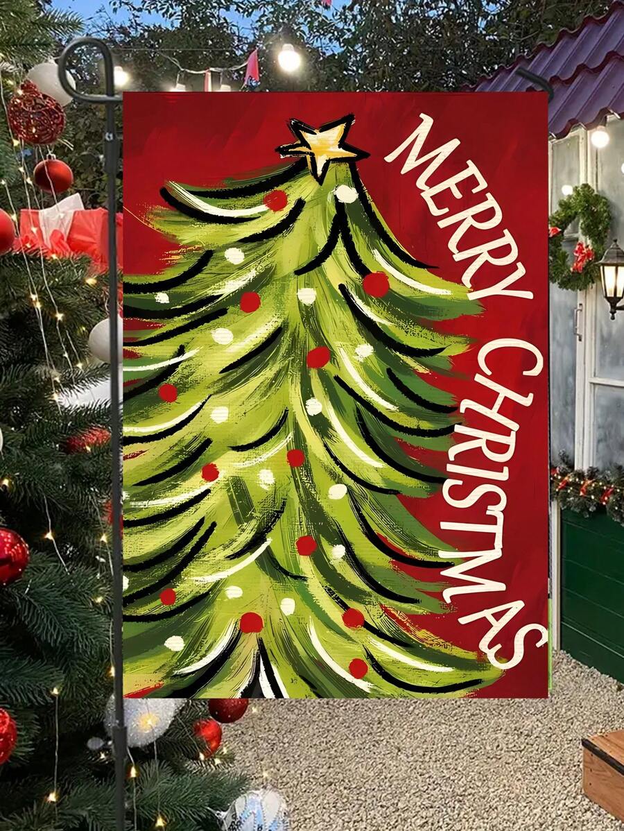 1pc Welcome Winter Coming, Welcome Christmas Double Garden Flag, Durable Polyester, Festive Christmas Tree Design, Suitable For Outdoor Festive Decoration - View 1