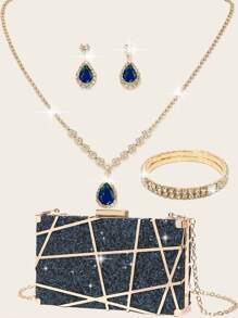 Bộ trang sức đính đá Rhinestone 4 món, vòng cổ, hoa tai, vòng tay, ví cầm tay, túi xách cho phụ nữ, túi đựng đồ ăn tối, túi đựng đồ dùng cho tiệc cưới, ví cầm tay cô dâu, túi xách cầm tay buổi tối lấp lánh, hình học nhỏ, kim loại rỗng, lấp lánh, túi xách đeo chéo, túi đựng đồ dùng cho tiệc cưới, dành cho phụ nữ và trẻ em gái - Màu xanh hải quân - Xem 2