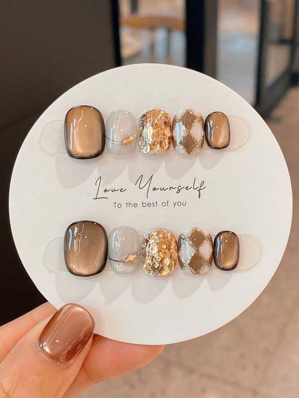 10Pcs Handmade Nail Art Set, Includes Brown Cat Eye, Gold Glitter, Rhombus, Chessboard Patterns Short Oval Nail Tips, Suitable For Nail Technicians, Students, Pregnant Women As Daily Wear, Comes With Gel Polish Press On Nails Nail Supplies Nails