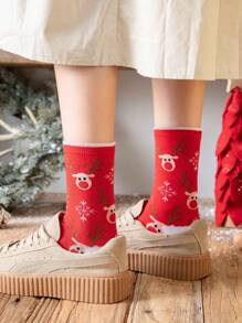 1 双女士红鹿图案中筒袜，适合圣诞节 - 白色 - 查看 5