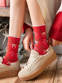 1 双女士红鹿图案中筒袜，适合圣诞节 - 白色 - 查看 4