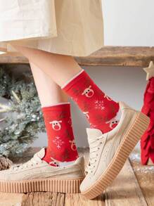 1 双女士红鹿图案中筒袜，适合圣诞节 - 白色 - 查看 6