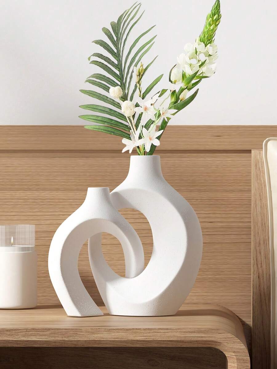 1 件白色陶瓷花瓶，波西米亚风格花瓶，风格甜甜圈形花瓶，适用于客厅、婚礼桌、办公室、卧室装饰 - 白色 - 查看 1
