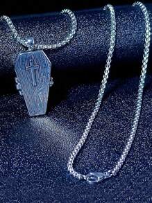 1 件复古骷髅十字架和棺材形吊坠项链，朋克街头风格男士日常佩戴 - 復古銀色 - 查看 6