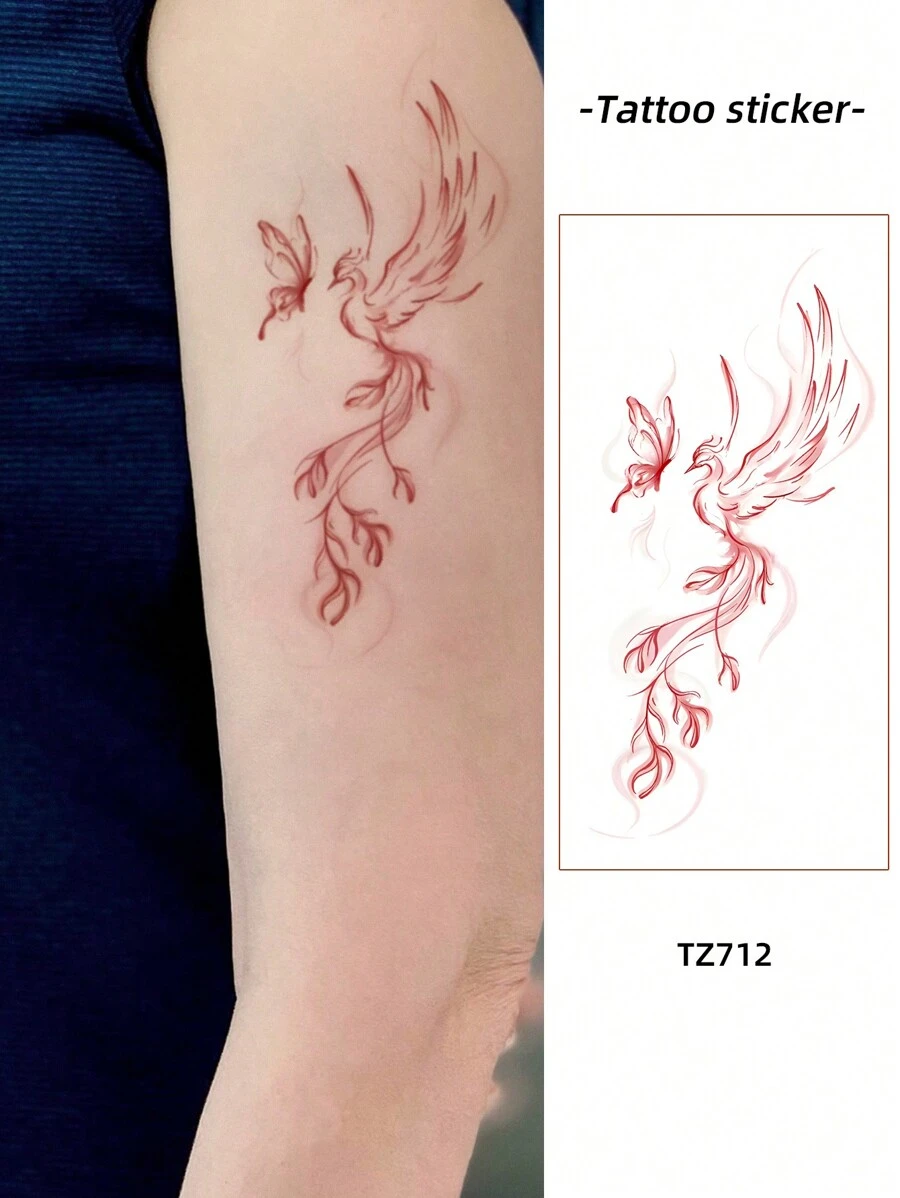 1 张防水彩色凤凰纹身贴，简约中国风设计，适合手部和腿部，男女通用，日常使用 - 彩色 - 查看 1
