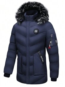 Men Fuzzy Hooded Padded Coat - Navy Blue - View 4