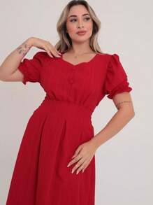 Luxury Duna Wave Short Dress With Button Short Sleeves - 紅色 - 查看 4