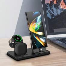 3 In 1 USB Charging Station Fast Charger Compatible With Samsung Galaxy S25 S24 S23 S22 S21 Wireless Charger Compatible With Samsung Galaxy Watch - Black - View 2